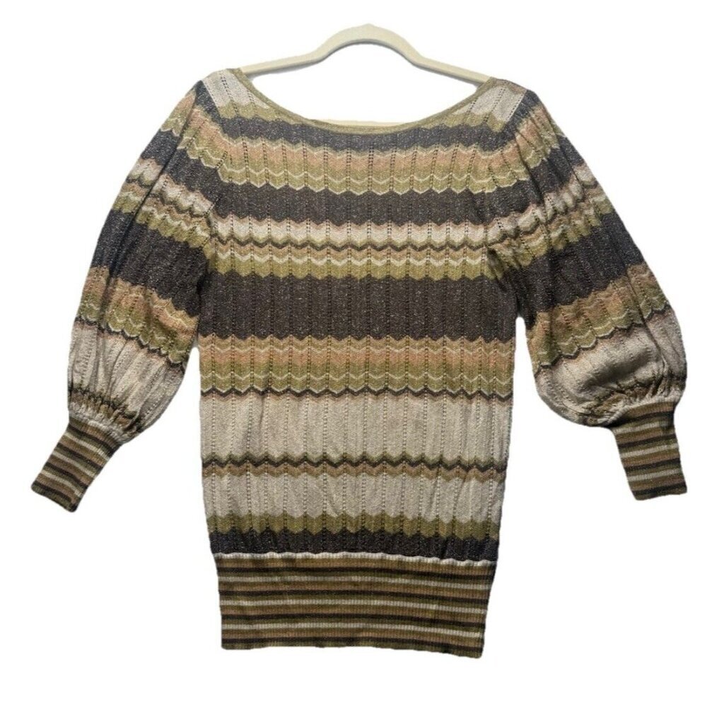 Vtg Bebe Y2K Green Brown Tan Sparkle Multi Zig Zag Scoop Neck Light Sweater Sz S